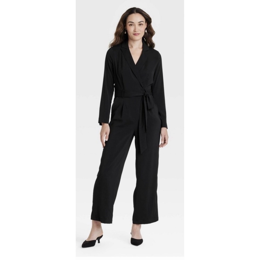 A New Day Black Long Sleeve Notch Collar Jumpsuit Women Large NWT Tie Waist